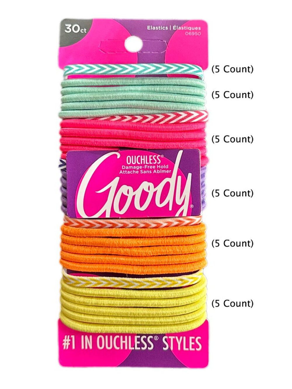 GOODY Ouchless Elastics Hair Ties - 4MM (Medium-Thick Hair) Chevron Neon, 30Ct